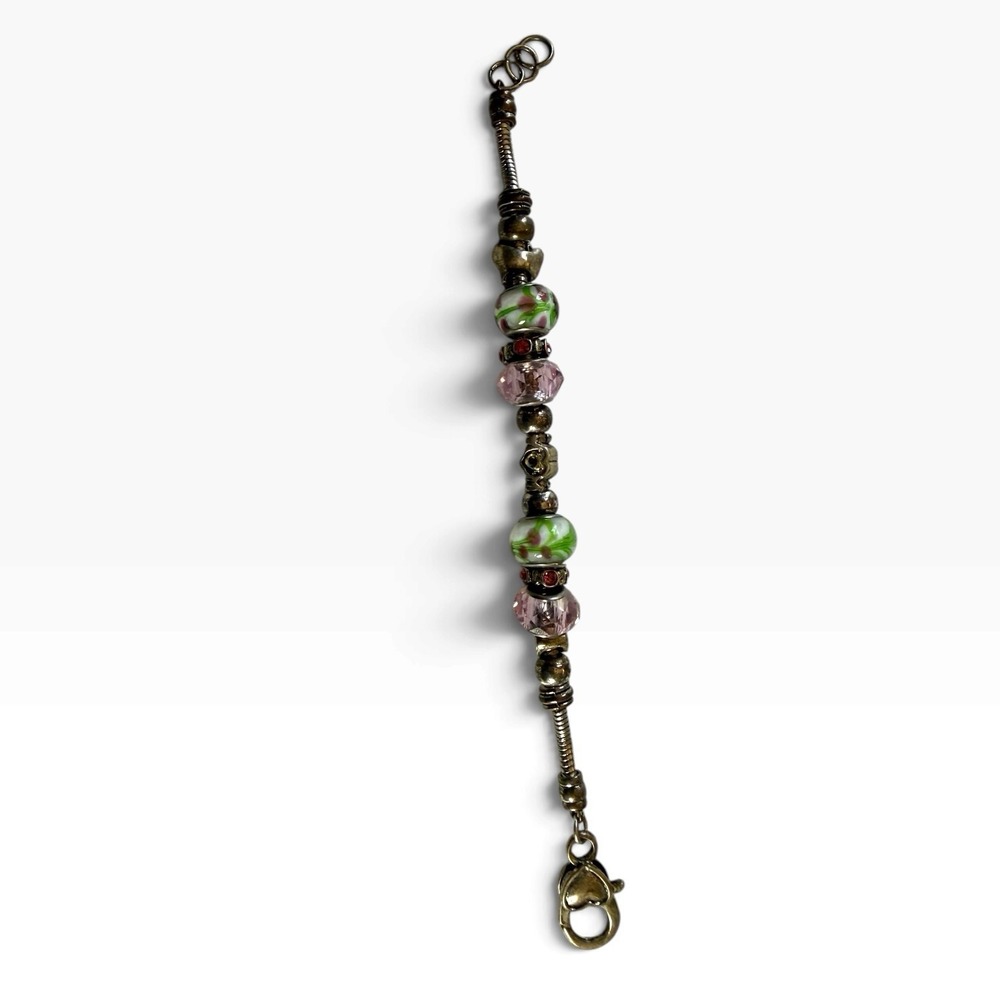 Green Pink Crystal Glass Beaded Bracelet Charm Flower Toggle Clasp